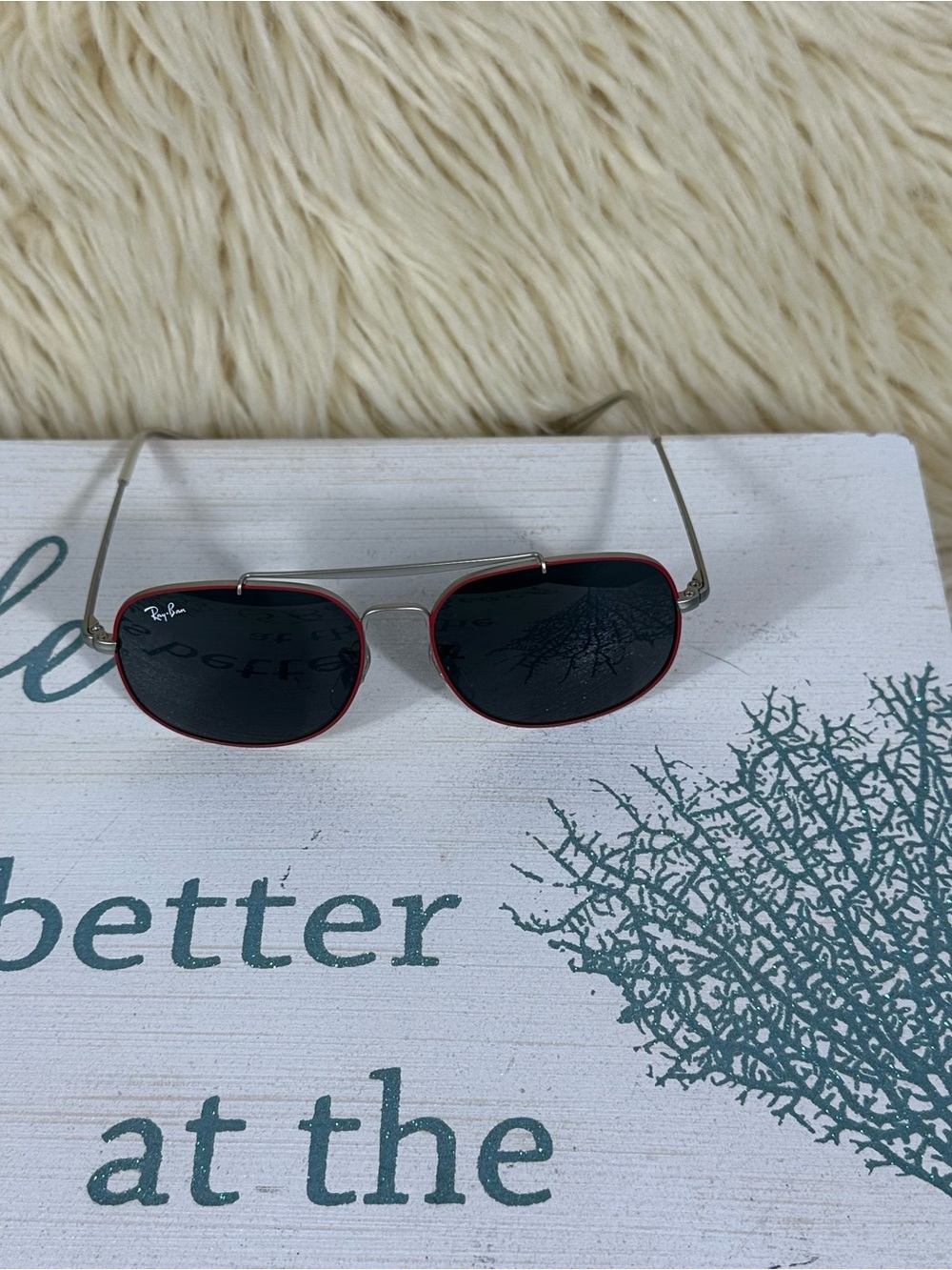 Ray-Ban Silver Metal Sunglasses with Red Trim and Black Lenses for kids